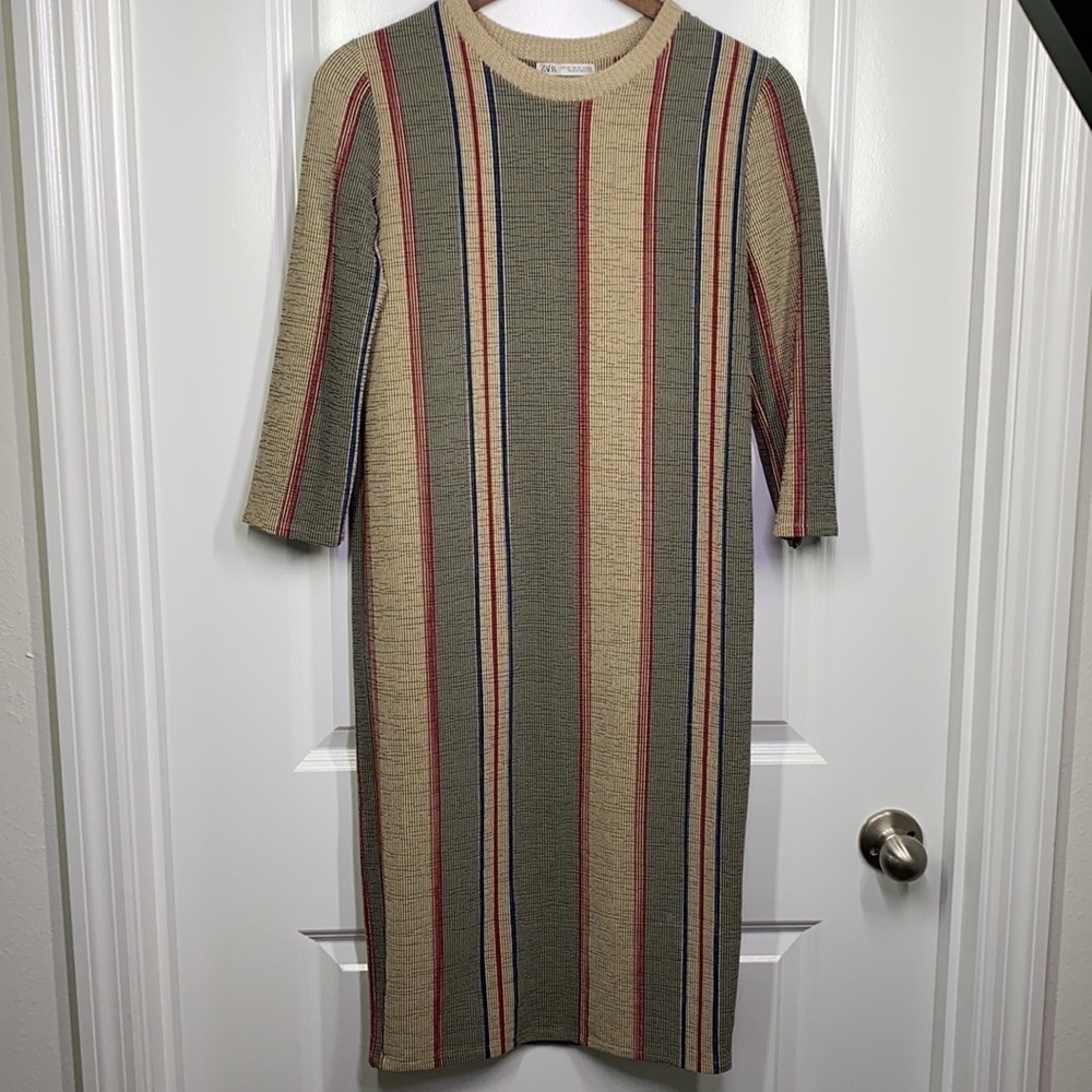 Zara - Tan & Blue & Red Stripe Mid Length Dress Size XS - Picture 2 of 5